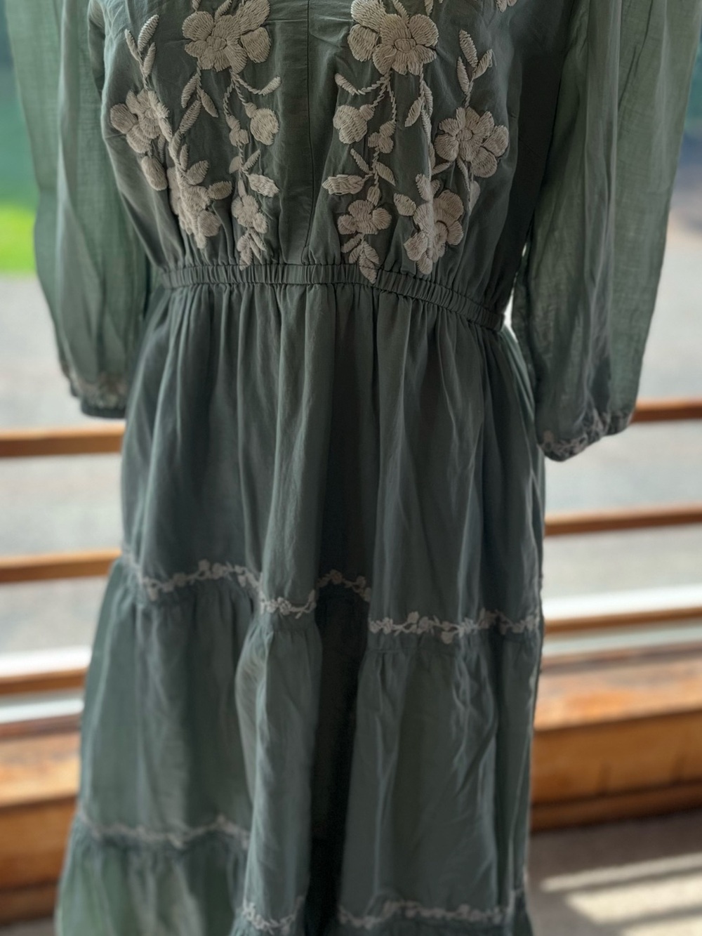 Lucky Brand 100% Cotton Women's Sage Green Embroidered Tiered Dress